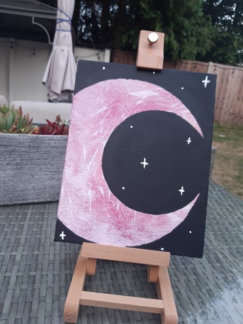 Acrylic painting   Acrylic painting covered in cling film till dry paint round moon and add white stars. Moon Star Painting, Moon And Stars Canvas Painting, Crescent Moon Painting Acrylic Easy, Painting Ideas On Canvas Stars, Star And Moon Painting, Painting Ideas To Sell, Moon Painting Easy, Acrylic Painting Moon, Moon Painting Acrylic