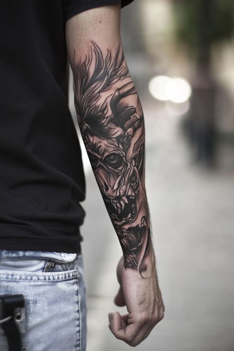 Forearm with a detailed, dark-themed tattoo of a mythical creature. Tattoo Sketches For Men Arm, Man Arm Tattoo, Arm Tattoo Ideas For Men, Best Arm Tattoos, Man Arm, Arm Tattoos For Men, Arm Tattoo Designs, Arm Tattoo Ideas, Compass Rose Tattoo