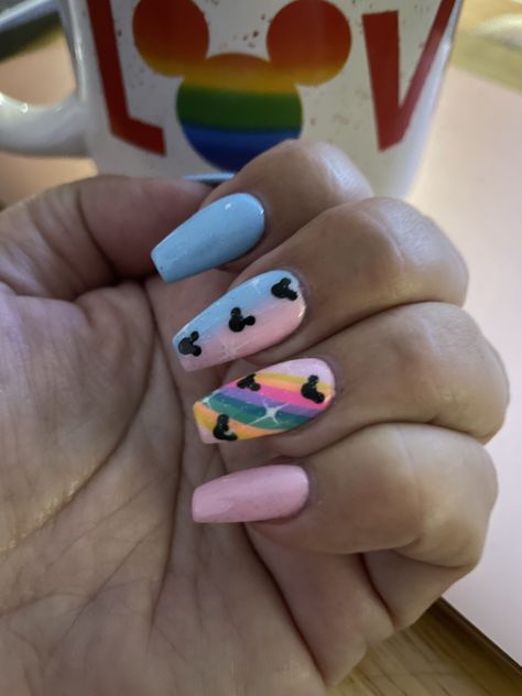 Disney Pride Nails, Rainbow Disney Nails, Disney Easter Nails, Disney Nails Blue, Neon Disney Nails, Colorful Disney Nails, Pastel Disney Nails, Disney World Nails Acrylic, Disney Themed Nails Acrylic