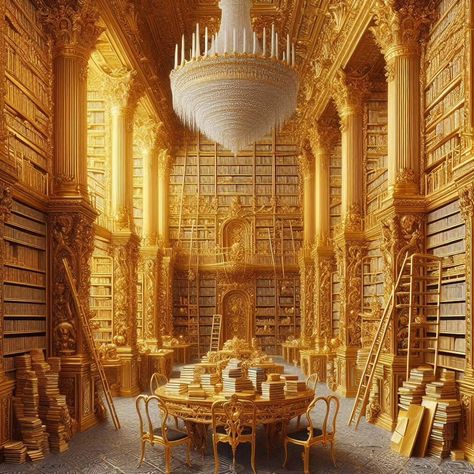 Golden library, golden books, golden chairs, gold #goldenbook #goldenlibrary #golden #goldenchair #goldenbooks Golden Library, Golden Chair, Golden Books, Vision Board, Castle, Books, Gold, Quick Saves