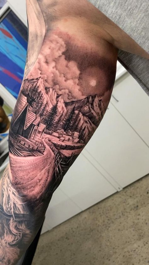 Clouds Tattoo, Vikings Tattoo, Rune Tattoo, Cloud Tattoo, Landscape Tattoo, Owl Tattoo Design, Chest Tattoo Men, Mountain Tattoo, Best Sleeve Tattoos