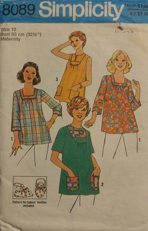 Simplicity 8089 Maternity Top in Misses' Sizes & Babies' Booties Size:10 (Bust 32 1/2") Maternity Pattern, Vintage Maternity, 1970s Sewing Patterns, Waiting For Baby, Boho Maternity, Baby Sewing Patterns, Blouse Pattern Sewing, Smock Top, Womens Sewing Patterns