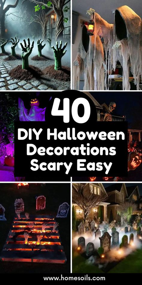 Spook up your space with 40 DIY Halloween decorations that are both scary and easy to make! Discover frightfully fun crafts to create a spine-chilling atmosphere without a lot of hassle. Click now for ghoulishly great ideas to elevate your Halloween decor! Easy Scary Halloween Decorations, Diy Halloween Decorations Scary, Diy Scary Halloween Decorations, Halloween Decor Diy Indoor, Diy Halloween Graveyard, Halloween Decorations Indoor Scary, Halloween Decorations Scary, Easy Outdoor Halloween Decorations, Outside Halloween Decorations