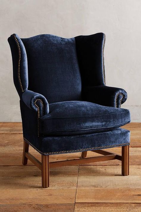 Navy Velvet Nailhead Accents Winged Chair Anthropologie Chair, Velvet Wing Chair, Unique Living Room Furniture, Velvet Wingback Chair, Casual Chairs, Plush Chair, Velvet Furniture, Blue Armchair, Furniture Chairs