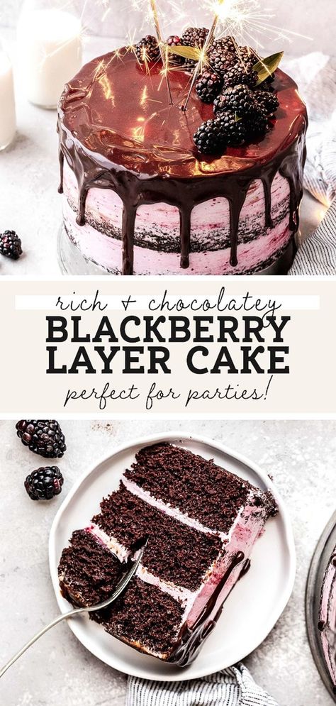 This indulgent blackberry chocolate cake is the perfect balance of sweet, rich, and tart. This moist chocolate cake is covered in blackberry buttercream with homemade blackberry jam spread between each layer. Chocolate Cake With Blackberries, Blackberry And Chocolate Cake, Dark Chocolate Blackberry Cake, Fruity Chocolate Cake, Blackberry Chocolate Cake, Chocolate Cake With Fruit, Chocolate Blackberry Cake, Blackberry Frosting, Cake Blackberry