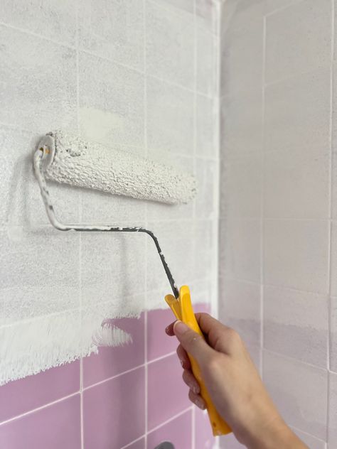 Bathroom Makeover Part 2: How to Paint Shower Tile | Our Aesthetic Abode Painting Old Bathroom Tile, Reglazed Bathroom Tile, Paint Shower Tile, Bathroom Tile Makeover, Painting Over Tiles, Tile Makeover, Painted Shower Tile, Bathroom Tile Diy, Painting Bathroom Tiles