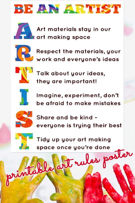 Free Printable Art Room Rules Poster from Childhood 101 Art Room Rules, Art Classroom Posters, Room Rules, Art Room Posters, Art Classroom Management, Art Teacher Resources, Art Classroom Decor, Writing Prompts For Kids, List Making