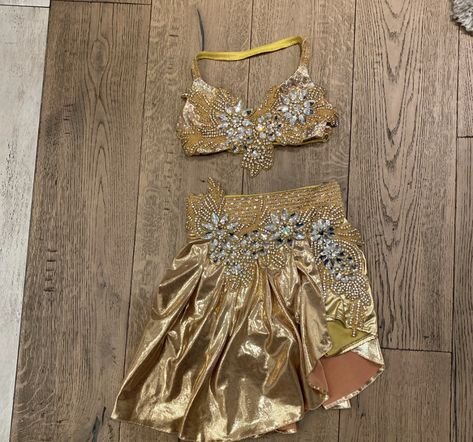 Gold Dance Costumes Lyrical, Gold Lyrical Dance Costumes, Gold Dance Costumes Jazz, Yellow Dance Costume Lyrical, Duet Dance Costumes, Gold Dance Costumes, Sassy Dance Costumes, Dance Performance Outfits, Jazz Outfits