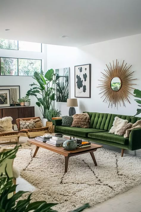 Timeless and Trendy: 40 Mid-Century Modern Interiors for Every Room | VIVA Boho And Mid Century Living Room, Mid Century Modern Green Living Room, Mid Century Modern Living Room Layout, 70s Modern Interior Design, Bachelor Apartment Decor, Boho Mid Century Modern Living Room, 70s Inspired Living Room, Modern Green Living Room, Mid Century Boho Living Room