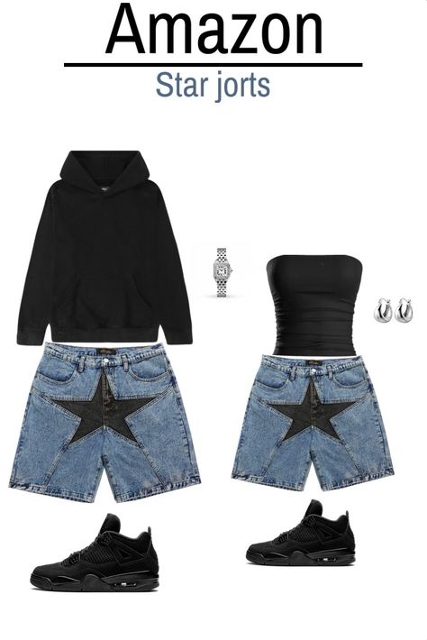 These Star jorts are so cute, trending all over social media! Click on the amazon link and purchase them yourself! I am an affiliate. #jorts #summeroutfit #couplesoutfit #starjorts #blackcats #silver #fashion #beauty #trending #couple #foryoupage Star Shorts Outfit, Jorts Women, Denim Shorts Men, Dreamy Wardrobe, Star Patchwork, Fly Fits, Couples Outfits, Women Denim Shorts, Middle School Outfits