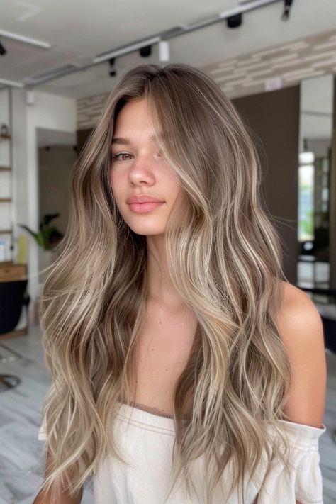 Woman with long, wavy, ash blonde hair in a salon setting. Balayage Hair Blonde For Brunettes, Naturally Blonde Hair With Highlights, Cute Blonde And Brown Hair, Lived In Beige Blonde Balayage, Blonde Highlights Without Bleach, Hand Painted Blonde Balayage, Hair Inspo Color Dirty Blonde, Dark Blonde Lowlights On Blonde Hair, Dark Blonde With Honey Highlights