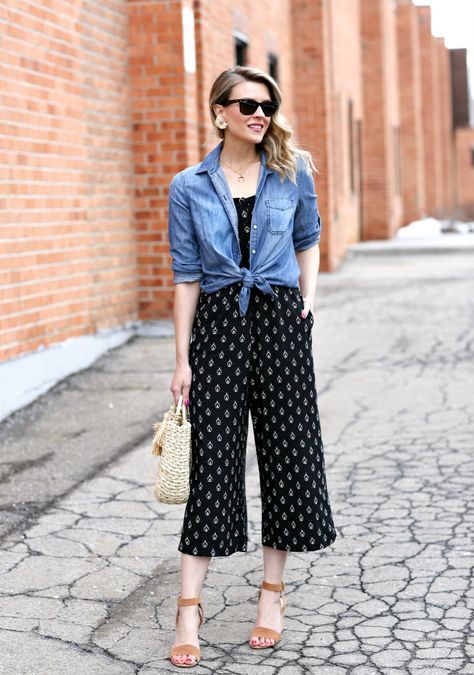 Great layering idea for dresses & jumpsuits Jumpsuit And Shirt Outfit, Jumpsuit With Shirt Over, Shirt Over Jumpsuit Outfit, Denim Shirt Over Dress, Jumpsuit Styling Ideas, Knot Shirt Outfit, Knotted Shirt Outfit, Denim Shirt Outfit Summer, Shirt And Dress Outfit Layering