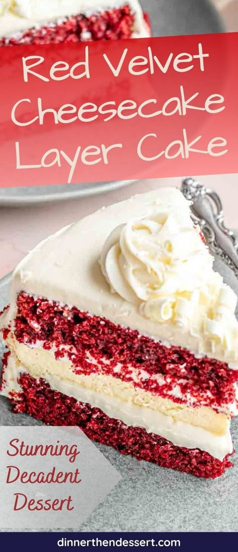 Red Velvet Cheesecake Cake is a stunning dessert with two red velvet layers of cake, a thick layer of cheesecake, and cream cheese frosting. Red Velvet And Cheesecake Layer Cake, Red Velvet Cake With Filling, Red Velvet Cheesecake Cake Recipe, Redvelvet Cheesecake Cake, Red Velvet Cheesecake Recipes, Cake With Cheesecake Layer, Best Red Velvet Cake Recipe, Cheesecake Cakes, Velvet Desserts