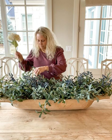 Floral Dough Bowl Centerpiece, Coffee Table Centerpiece Tray, Modern Dough Bowl Centerpiece, Extra Large Dough Bowl Decor Ideas, Large Dough Bowl Fall Decor, Oblong Bowl Centerpiece, Long Basket Centerpiece, Hydrangea Dough Bowl Centerpiece, How To Decorate A Large Dough Bowl