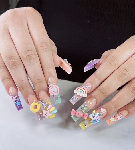 Candy Nails Designs 3d, Candy Nails Acrylic, Cotton Candy Nails, Bright Nail Art, Kawaii Nail Art, Candy Nails, Junk Nails, Fancy Nails Designs, Gel Nails Diy