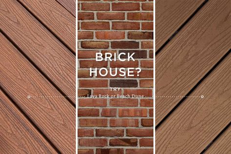 Red Brick House With Deck, Deck Stain Colors With Red Brick House, Deck Brick House, Stain Deck Colors, Solid Stain Deck Colors, Solid Stain Deck, Stain Deck, Back Deck Designs, Trex Deck Colors