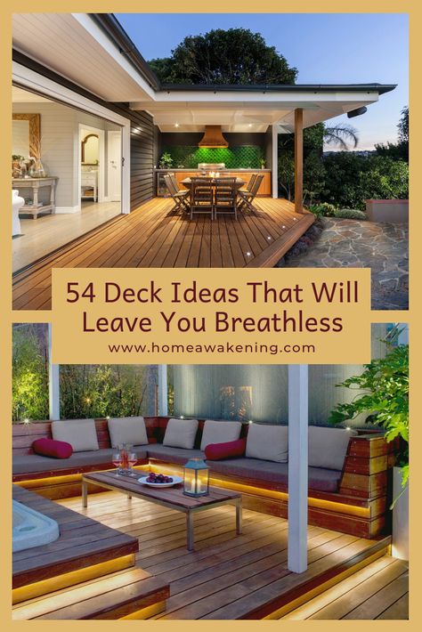 These 54 deck designs will make you say wow! #deck #backyard #landscaping Deck Furniture Arrangement, Patios Ideas Backyard, Wooden Deck Designs, Backyard Patio Decor, Patio Lighting Ideas, Patio Aesthetic, Garden Ideas Patio, Deck Furniture Layout, Small Backyard Decks