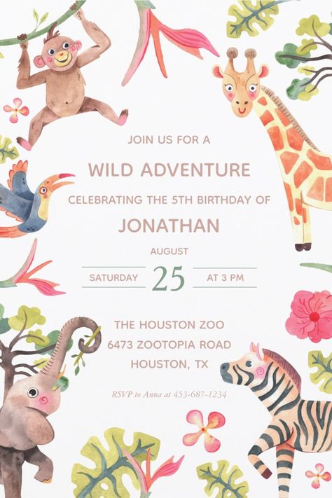 Wild Safari and Jungle Animals Birthday Party Invitations Animals Birthday Party, Animal Themed Birthday Party, Zoo Birthday Party, Animal Theme Birthday, Safari Animals Birthday, Jungle Safari Birthday, Wild Birthday Party, Animal Birthday Invitation, Zoo Birthday