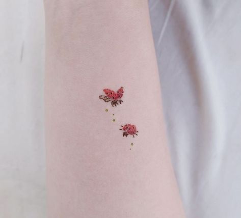 Ladybug With Angel Wings Tattoo, Strawberry And Ladybug Tattoo, Ladybug Matching Tattoos, Butterfly And Ladybug Tattoo, Ladybug And Butterfly Tattoo, Ladybug Flower Tattoo, Dainty Ladybug Tattoo, Morgan Tattoo, Beachy Tattoos