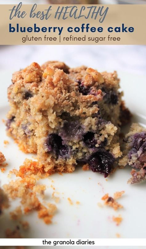 This Gluten Free Healthy Blueberry Coffee Cake is bursting with juicy blueberries and naturally sweetened with just a touch of honey.Its also refined sugar free and dairy free, making it the perfect recipe to enjoy cake for breakfast! Made with oat flour and clean ingredients. #cleanbaking #blueberrydesserts #coffeecake #glutenfree #dairyfree Oat Flour Breakfast Recipes, Blueberry Oat Cake, Oat Coffee Cake, Naturally Sweetened Cake, Gluten Free Breakfast Cake, Gluten Free Dairy Free Blueberry Recipes, Gluten Free Dairy Free Sugar Free, Healthy Coffee Cake Recipes, Oat Flour Coffee Cake