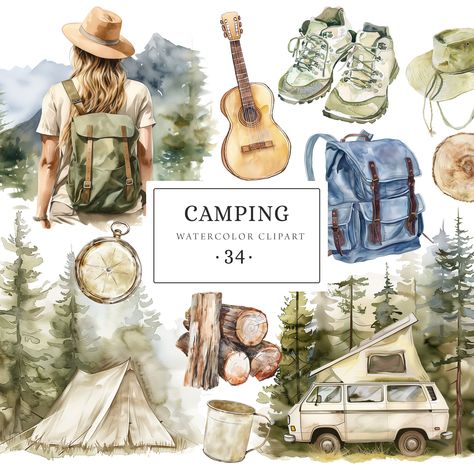 Camping Clipart, Hiking Clipart Watercolor, Mountain Adventure Clipart, Trekking Clipart, Tent Pine Forest Woodland, Forest Landscape Adventure Clipart, Hiking Clipart, Camping Watercolor, Camping Fabric, Camping Clipart, Woman Hiking, Car Deco, Mountain Adventure, Woodland Forest