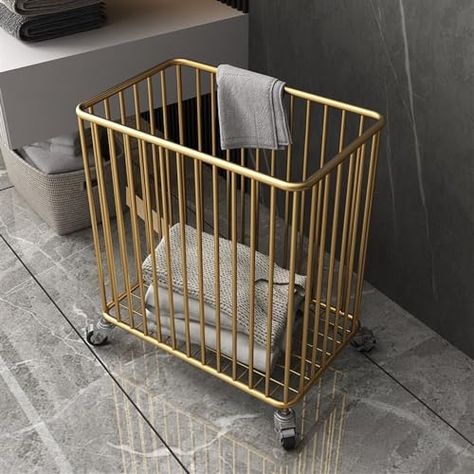 Gold Laundry Basket, Metal Laundry Basket, Hamper With Wheels, Laundry Hamper With Wheels, Rolling Laundry Basket, Laundry Basket Storage, Luxury Storage, Dirty Clothes Storage, Iron Storage