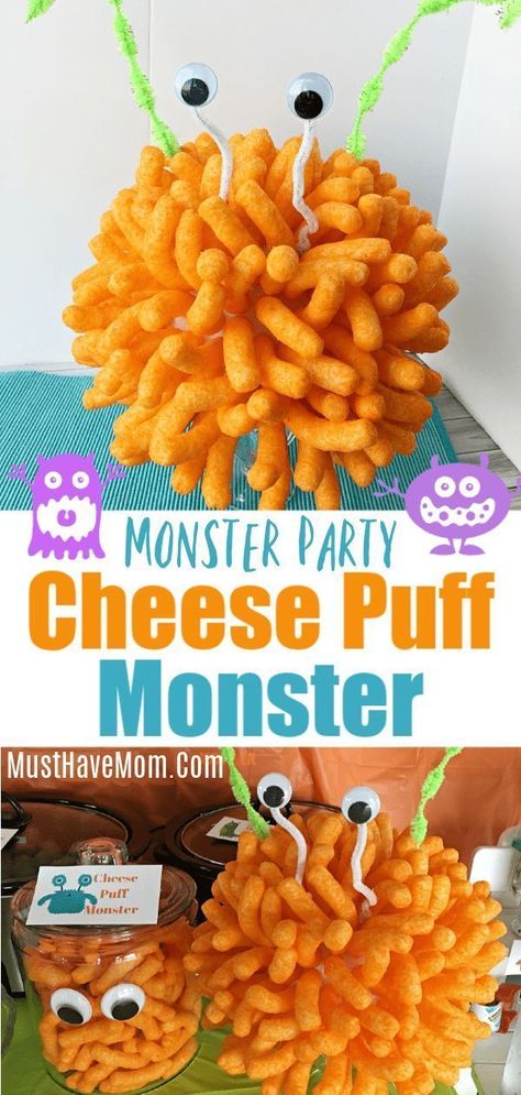 Monster birthday party ideas! Cheese puff monster party food and free printables via @musthavemom Monster Party Food, Monster Birthday Party Ideas, Party Food For Kids, Monster First Birthday, Monster Baby Showers, Monster Food, Kids Birthday Party Food, Monster Birthday Party, Halloween 1st Birthdays