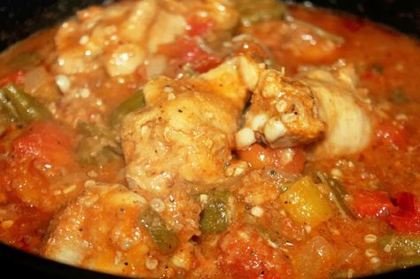 Slow Cooker Smothered Chicken and Okra - Creole Contessa Okra Crockpot Recipes, Okra Stew With Chicken, Okra Beef Stew, Slow Cooker Smothered Chicken, African Okra Soup, West African Okra Stew, Chicken And Okra, Smothered Okra, Slow Cooker Sunday