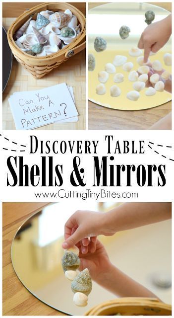 Shells And Mirrors On The Discovery Table. Independedent activity to encourage quiet exploration and loose parts play with natural materials. Fun for a beach or ocean theme for preschoolers or kindergarten, incorporating math, science, and art! Discovery Table, Loose Parts Play, Reggio Inspired Classrooms, Nursery Activities, Ocean Activities, Reggio Inspired, Invitation To Play, Preschool Science, Loose Parts