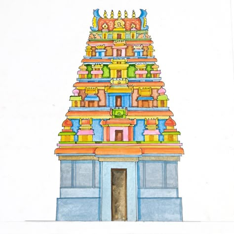 Arumuga Manivelu Happy Ugadi, Temple Drawing, Indian Temple Architecture, Kalamkari Painting, Detailed Paintings, Temple Architecture, Temple Art, Indian Temple, Tanjore Painting