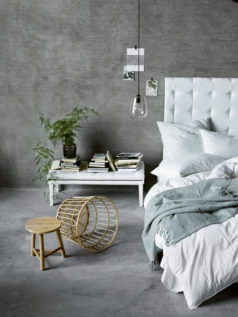 The lastest Tine K home collection SS2015 is beautifully styled against a back drop of concrete and brought to life with simple greens. Concrete Bedroom, Design Ložnic, Interior Design Examples, Concrete Interiors, Minimal Interior Design, Interior Minimalista, Grey Flooring, Minimalism Interior, White Furniture