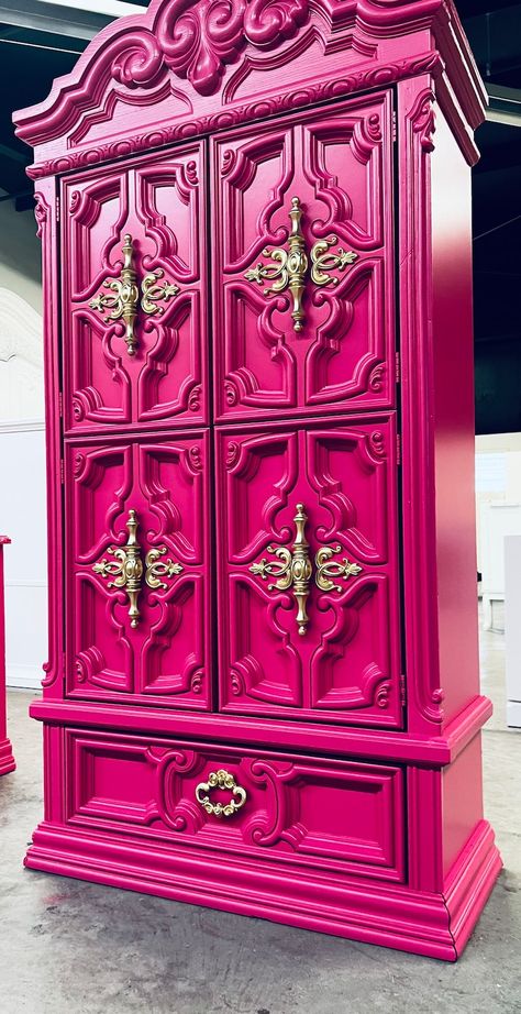 Rainbow Painted Dresser, Colorful Office Aesthetic, Colorful Dresser Makeover, Maximalist House Decor, Hot Pink Paint Colors, Brightly Painted Furniture, Hot Pink Dresser, Pink Walk In Closet, Pink Dresser Makeover