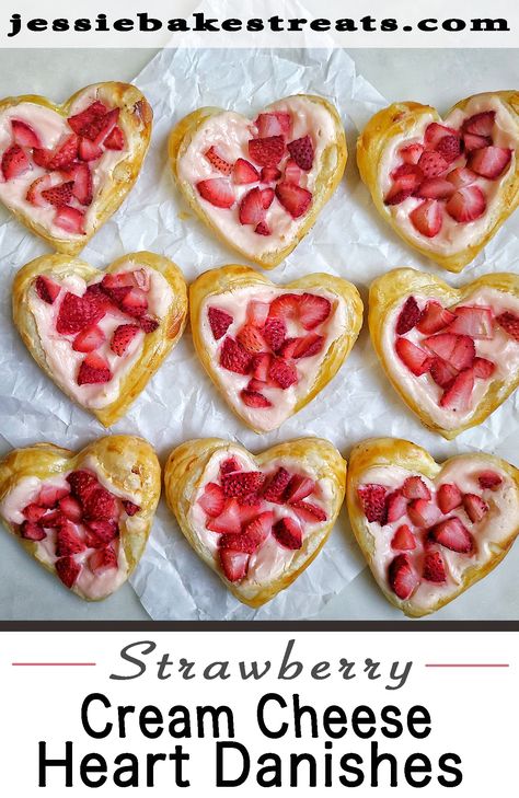 Heart Shaped Danish, Heart Shape Desserts, Strawberry Cream Cheese Danish, Heart Shaped Baking, Heart Danish, Valentines Recipes, Heart Desserts, Valentines Breakfast, Valentines Baking