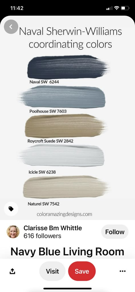 Naval Sherwin Williams, Navy Paint, Blue Gray Paint, Navy Walls, Farmhouse Paint Colors, House Color Palettes, Farmhouse Paint, Paint Color Schemes, Grey Paint