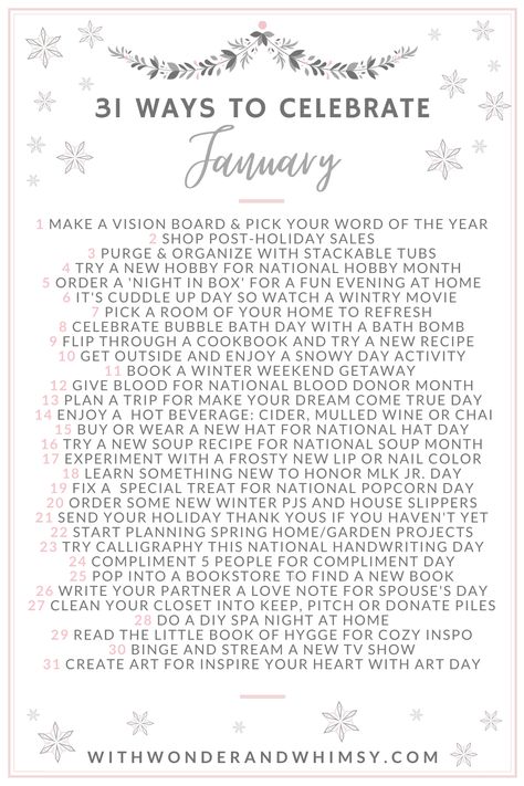 31 Ways to Celebrate January: a daily bucket list of fun things to do at home during the winter, from vision boarding, to home organization, to self care. 31 Ways To Celebrate January, Ways To Celebrate January, January To Do List, January Bucket List, January Planning, New Year With Friends, Celebrate January, January Habits, Monthly Ideas