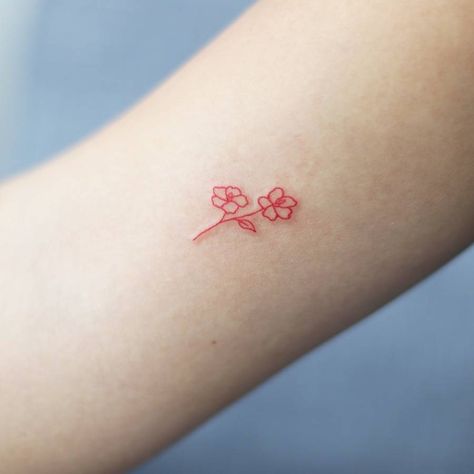 Red Ink Minimalist Tattoo, Minimalist Red Tattoo, Red Fine Line Tattoo, Red Flowers Tattoo, Red Flower Tattoo, Red Flower Tattoos, Button Tags, Flower Wrist Tattoos, Red Tattoos