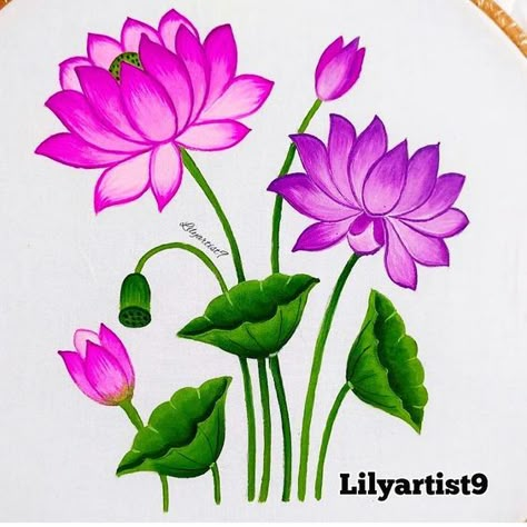 Fabric painting| Online Painting Class | Learn to Paint beautiful Lotus on cloth by watching by step by step video. YouTube channel - Lily artist fabric works #lotus... | Instagram Hand Paint Dress, Lotus Fabric, Lotus Flower Painting, Lotus Flower Art, Lotus Painting, Saree Painting, Hand Painted Dress, Fabric Painting On Clothes, Easy Cartoon Drawings