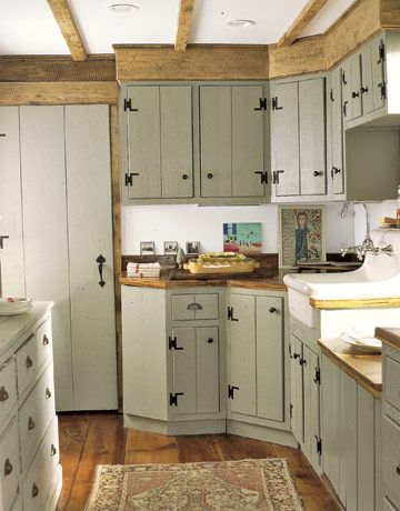 New Farmhouse Kitchen  					  						New, green cabinets in this old farmhouse kitchen are outfitted to look like they could be the originals. Farm Kitchen Ideas, Old Farmhouse Kitchen, Green Kitchen Cabinets, Farmhouse Kitchen Cabinets, Looks Country, Cabin Kitchens, Farmhouse Kitchen Design, Farm Kitchen, Farmhouse Ideas