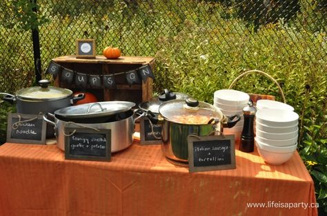 Fall Soup Party: The perfect family party idea for fall, lots of decorating ideas, easy menu, and favouarite recipes. Outdoor Fall Soup Party, Fall Soup Party Invitations, Fall Soup Bar Ideas, Soup Bar Ideas Parties Crock Pot, How To Serve Soup At A Party, Fall Soup Bar, Fall Soup Party Ideas, Easy Bonfire Food, Soup Potluck Party Ideas