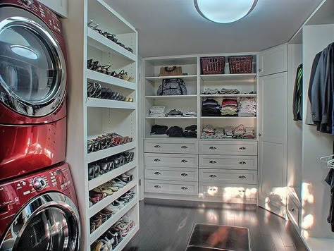 The laundry room/walk in closet in our old house.. I miss my shoe wall and my ruby red washer/dryer! Closet Bathroom Combo, Laundry Drawers, Closet And Bathroom Combo, Smelly Laundry, Family Closet, Room Storage Diy, Closet And Bathroom, Laundry Room Closet, Shoe Shelves