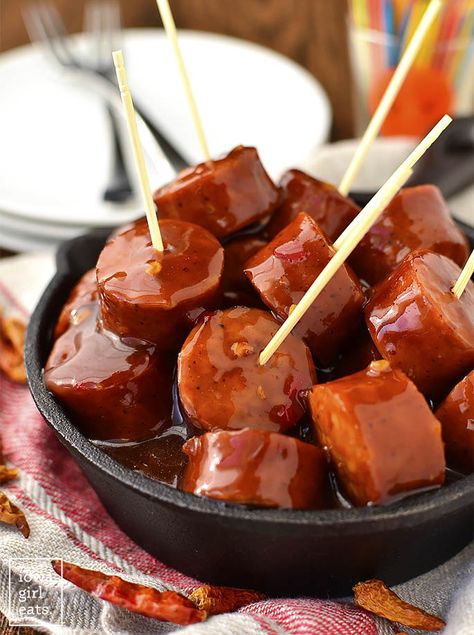 Crock Pot Sweet Chili BBQ Kielbasa is a 3 ingredient gluten-free appetizer recipe that couldn't be simpler. Perfect for parties and game day! | iowagirleats.com Bbq Kielbasa, Slow Cooker Appetizer, Bbq Sausage, Slow Cooker Appetizers, Bbq Ideas, Iowa Girl Eats, Homemade Bbq, Spicy Sausage, Kielbasa