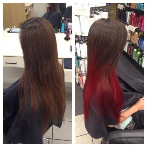 Brown To Red Ombre Straight Hair, Dark Brown Roots With Red Ends, Red Wine Hair Color Ombre Dark Brown, Ombre Hair Red And Brown, Dark Brown To Red Ombre, Red Ends On Brown Hair, Light Brow Hair, Red Hair Brown Roots, Red Hair Ends