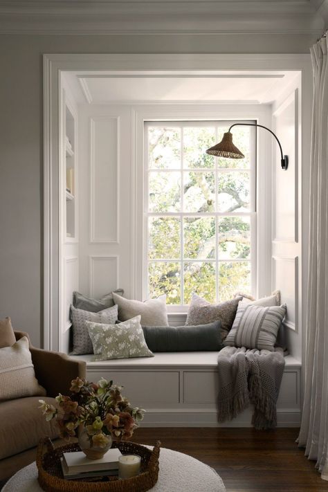 Single Window Seat, Reading Nook Bench Seat, Mcgee Foyer, Piano In Front Of Window, Window Nook Bedroom, Window Nook Ideas Living Room, Window Bench Bedroom, Window Seat Pillows, Connecticut Cottage