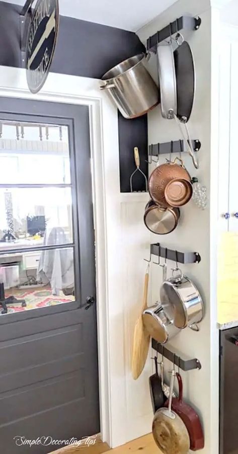 38 Fantastic Kitchen Organization Ideas To Make It Easier With Everyday Chores Pot Rack Hanging Wall, Diy Kitchen Organizer, Best Kitchen Organization, Wall Mounted Pot Rack, Hanging Pot Rack, Pot Wall, Kitchen Organization Ideas, Pan Storage, Hanging Pans