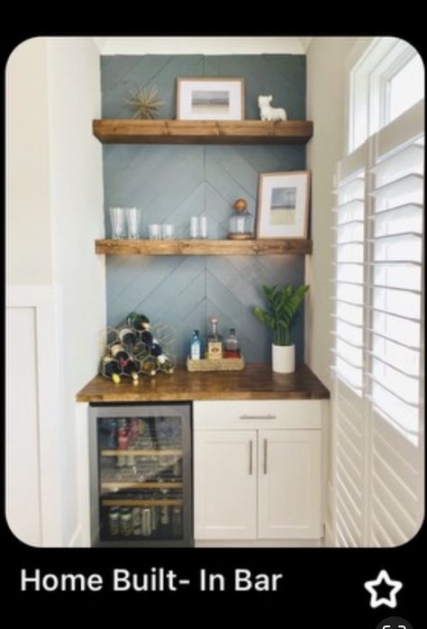 Wine Corner Kitchen, Floating Shelves Home Bar, Townhouse Bar Ideas, Min Bar Ideas, Built In Mini Bar Nooks, Built In Coffee Station Nook, Coffee Corner In Living Room Bar Ideas, Bar Area Cabinet Ideas, Diy Bar Area In Kitchen