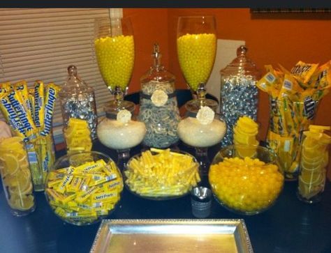 Yellow Candy Table, Butterfingers Candy, Yellow Candy Bar, Crystal Rock Candy, Yellow Candy Buffet, Juicy Fruit Gum, Hersey Kisses, Diy Candy Bar, Trunk Party