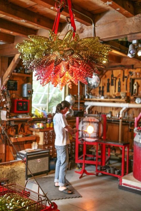 Jennifer and David's Post and Beam Glass Studio — Creative Workspace Tour | Apartment Therapy Glass Blowing Studio, Cattle Grazing, Glass Porch, Post And Beam Barn, Glassblowing Studio, Early American Style, Red Spray Paint, Artist Studios, Maker Space