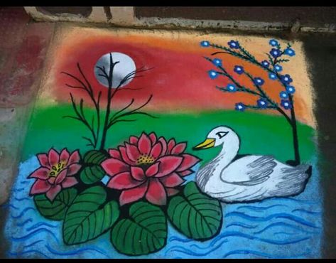 Swan Scenery, Swan Rangoli, Scenery Rangoli, Kolam Drawing, Birds Scenery, Birds Rangoli, Watercolor Course, Margali Kolam, 3d Rangoli