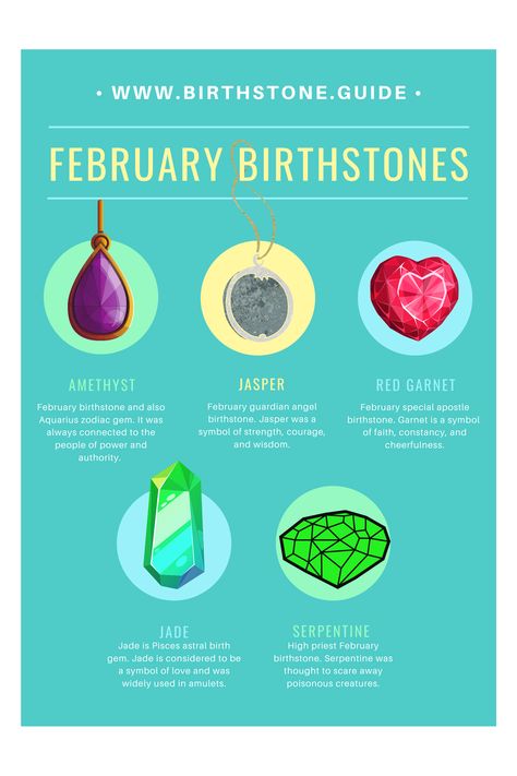 If you were the one to be born in February then you would have a choice of at least 3 birthstones to pick from: Amethyst being a month birthstone, February guardian angel birthstone - Jasper, February special apostle birth rock - Red Garnet. In addition to the mentioned gemstones, Jade is also eligible for February list as Pisces birthstone, and Serpentine is a February birthstone according to one of the alternative birthstone lists. February List, February Magick, Birth Month February, Pisces Birthstone, February Gemstone, Birth Colors, Moon Spells, Birthstones By Month, Born In February