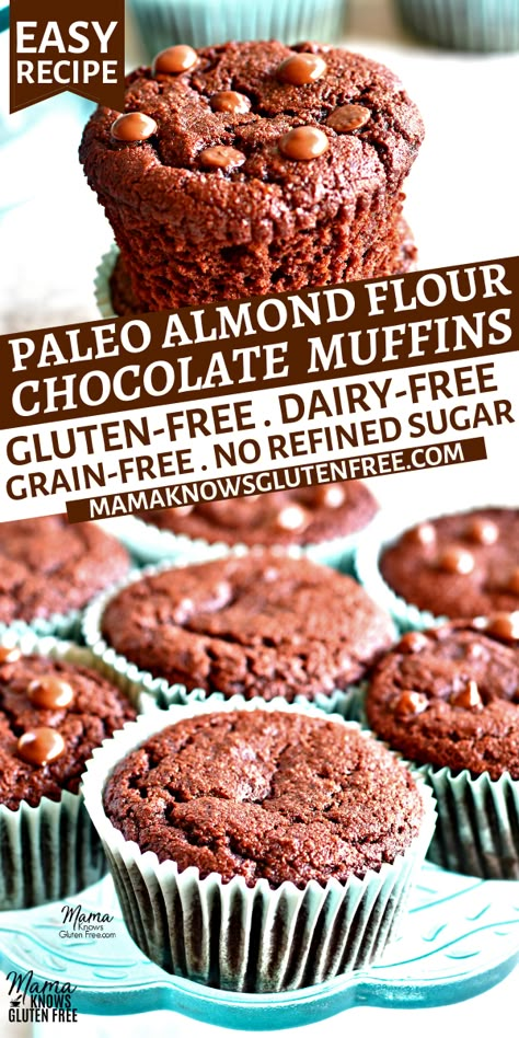 Paleo chocolate muffins on a blue cake stand. Paleo Chocolate Muffins, Gluten Free Chocolate Muffins, Cake Cravings, Sugar Free Muffins, Turtle Coffee, Dairy Free Muffins, Muffins Chocolate, Breakfast Chocolate, Almond Flour Muffins